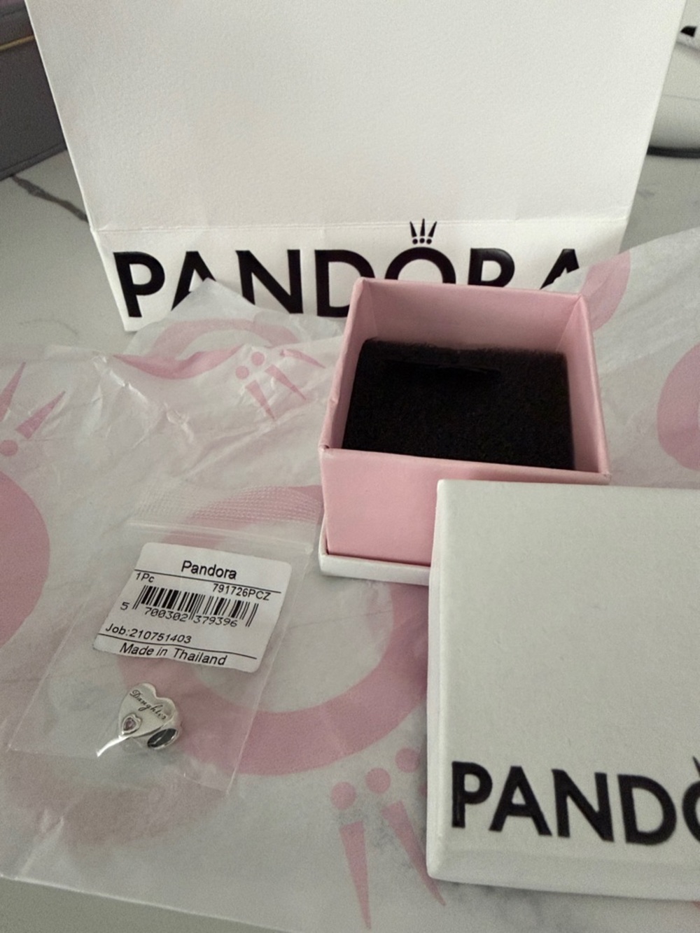 Pandora Silver Daughter 2 sided pink Heart Charm w/ Pink Gift Box and White Bag
